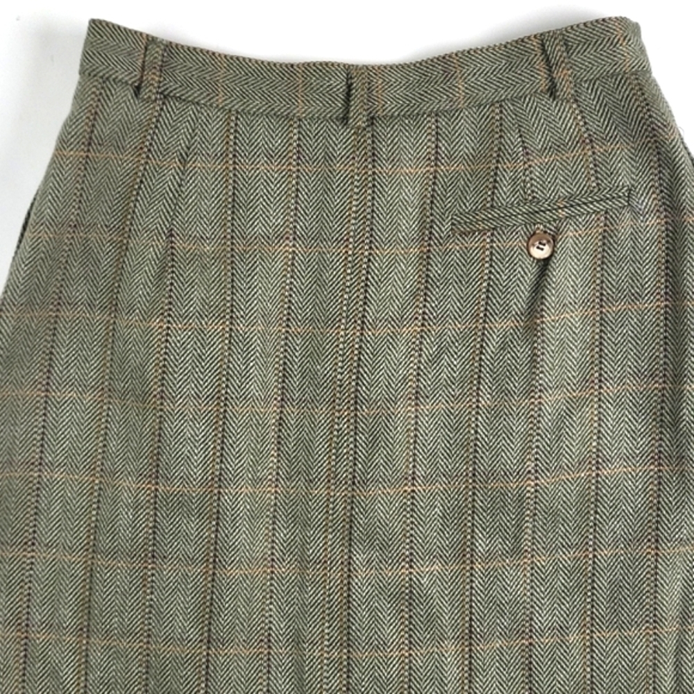 Vintage 80s Talbots Wool Blend Olive Green Plaid Tweed Pleated Pencil Midi Skirt - Picture 9 of 16